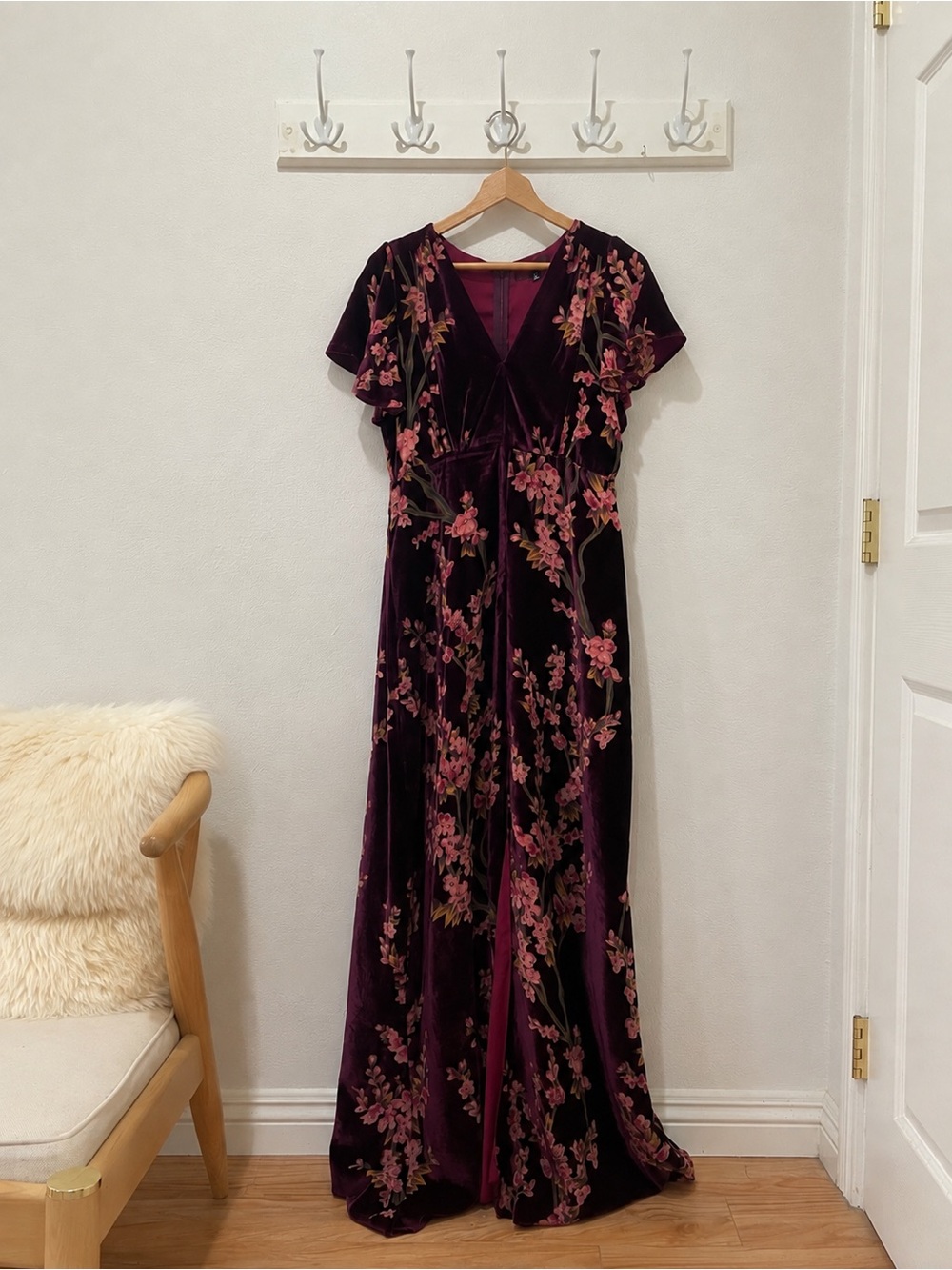 Nordstrom Plum Velvet Maxi Dress with Pink Floral Embroidery